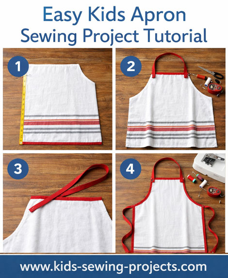 easy kids sewing apron project from a dishtowel steps