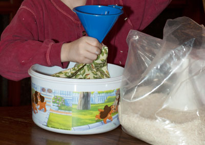 stuffing a heating pad with rice